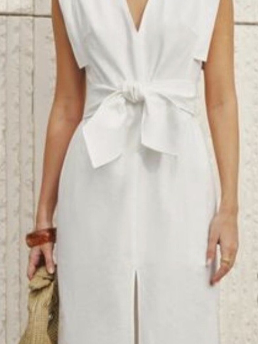 Commense Maxi Dress Sleeveless V'Neck Bow Split Cotton Linen White Belted S NWT - Picture 4 of 7